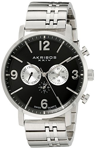 Akribos XXIV Men's AK782SSB Multifunction Swiss Quartz Movement Watch with Black Dial and Stainless Steel Bracelet