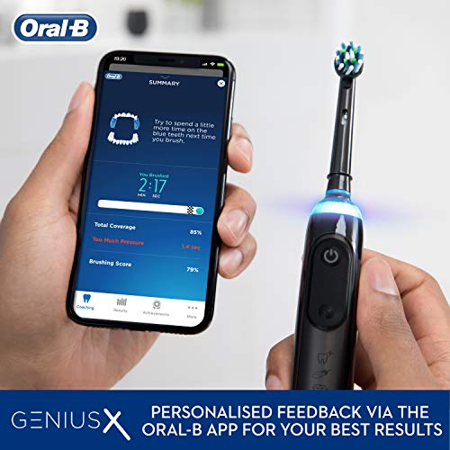 Oral-B Genius X with Artificial Intelligence Black Electric Toothbrush, 1 Toothbrush Head, 6 Cleaning Modes, Gum Pressure Sensor, USB Charging Travel Case, UK 2 Pin Plug