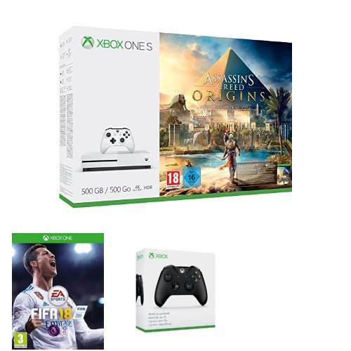 Xbox One S 500GB Console: Assassin's Creed Origins Bundle + FIFA 18 + Official Xbox Wireless Controller - Black