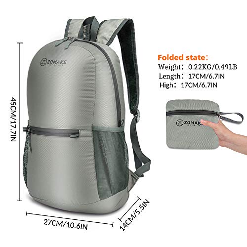 ZOMAKE Ultra Lightweight Foldable Backpack Water Resistant Hiking Daypack, Unisex Small Rucksack for Travel & Outdoor Sports (Grey)