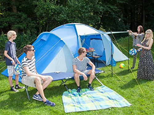 skandika Daytona XXL blau, hellblau Familien-Zelt für 6 Personen, wasserdicht durch starke 3000 mm Wassersäule. Großes, geräumiges und robustes Outdoor Camping-Zelt mit 3 Schlaf-Kabinen, Insekten-Netzen und über 2 m Stehhöhe