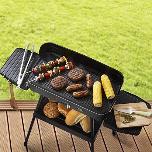 Tower T14028 Electric Indoor and Outdoor Party BBQ Grill with Adjustable Thermostat, Windshield and Stand, 2200 W, Black
