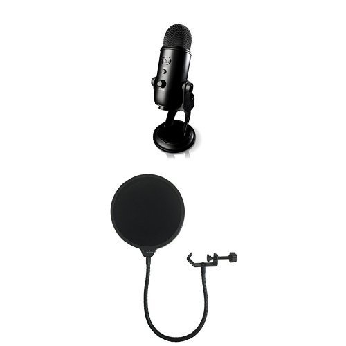 Blue Yeti USB Microphone - Blackout Edition with Dragonpad USA Pop filter Studio Microphone Mic Wind Screen Pop Filter
