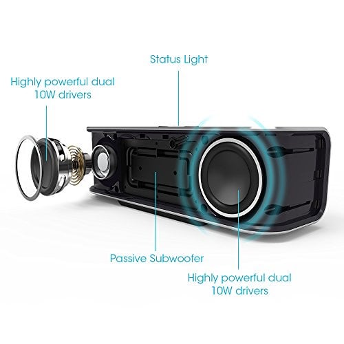 Bluetooth Speakers, TaoTronics Stereo 20W Wireless Portable Speaker (Dual 10W Drivers, Dual Passive Subwoofers, Strong Bass, Aluminum-Alloy, Bluetooth 4.0, Built-in Microphone)