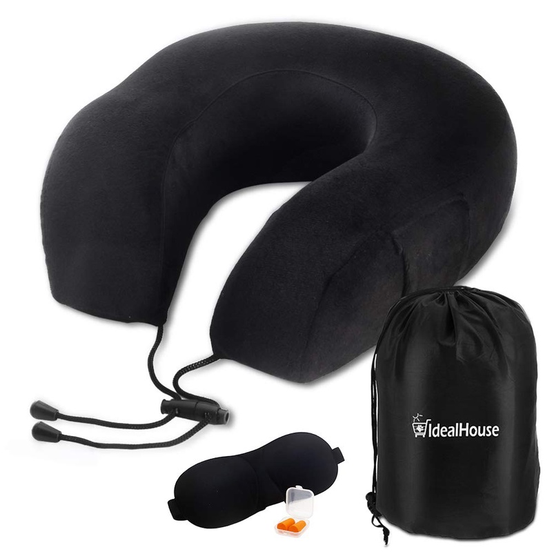 Amazon.com: IdealHouse Travel Neck Pillow 100% Memory Foam Inflatable U-Shaped Neck Support Pillow Kit with Coral Fleece Cover, Eye Mask, Earplugs and Carry Bag: Home & Kitchen