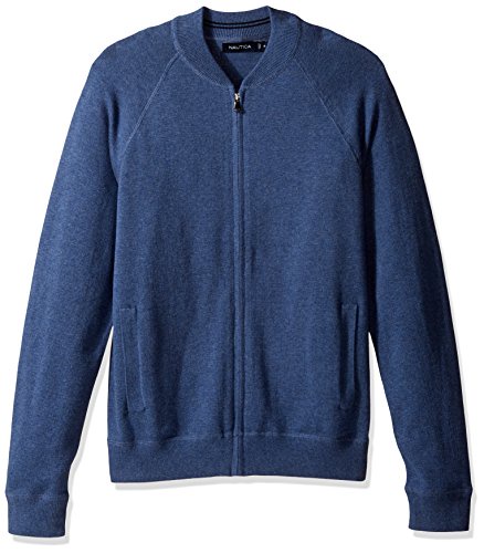 Nautica Men's Long Sleeve Full Zip Bomber Sweater, Dark Anchor Heather, Large