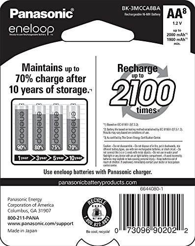 Panasonic BK-3MCCA8BA Eneloop AA 2100 Cycle Ni-MH Pre-Charged Rechargeable Batteries (Pack of 8)