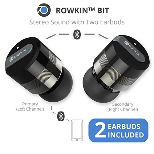 Rowkin Bit Charge: Stereo Wireless Headphones with Portable Charger. Bluetooth Earbuds, Smallest Cordless Hands-free Mini Earphones Headset w/ Mic & Noise Reduction for Running and iPhone (Space Gray)