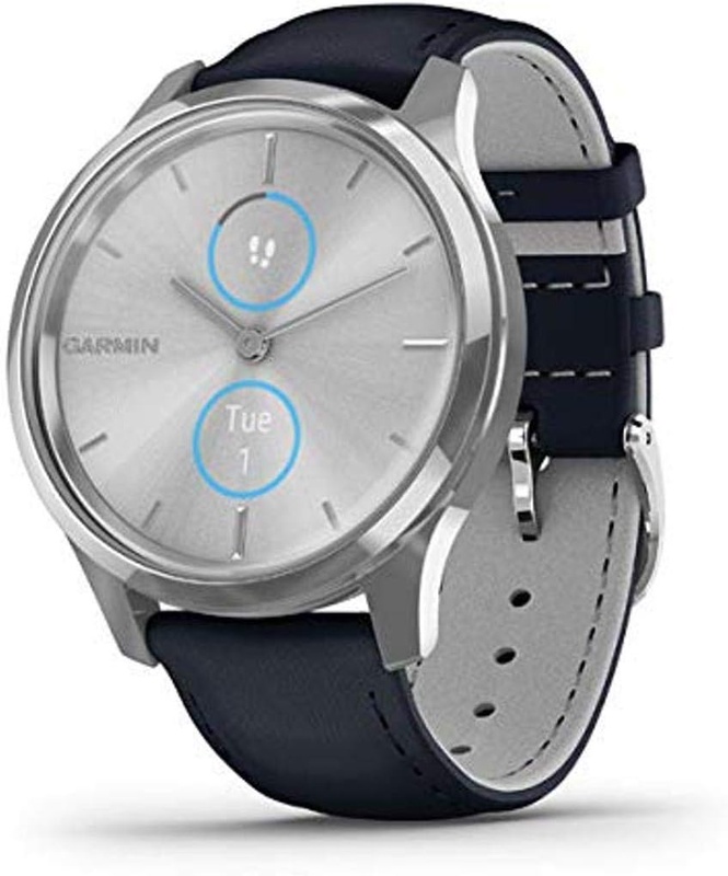 Amazon.com: Garmin vivomove Luxe, Hybrid Smartwatch with Real Watch Hands and Hidden Color Touchscreen Displays, Silver with Navy Leather Band