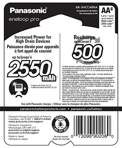 Panasonic BK-3HCCA8BA Eneloop Pro AA High Capacity Ni-MH Pre-Charged Rechargeable Batteries, 8-Pack