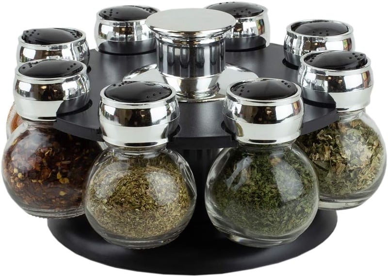 Amazon.com: Home Basics Revolving Rack Organizer Set Spinning Spices, Herbs, Seasoning Kitchen Countertop Storage with 8 Glass Jar Bottles: Kitchen & Dining