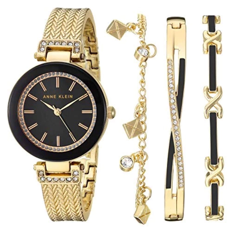 Amazon.com: Anne Klein Women's Swarovski Crystal Accented Rose Gold-Tone Textured Bangle Watch and Bracelet Set, AK/3394BHST: Watches