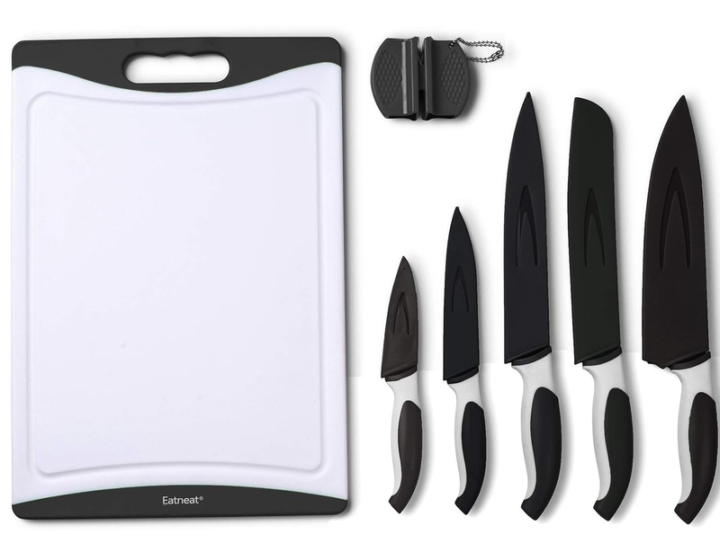 Amazon.com: EatNeat 12-Piece Black Sharp Knife Set: 5 Stainless Steel Kitchen Knives with Covers, Cutting Board and Sharpener: Kitchen & Dining