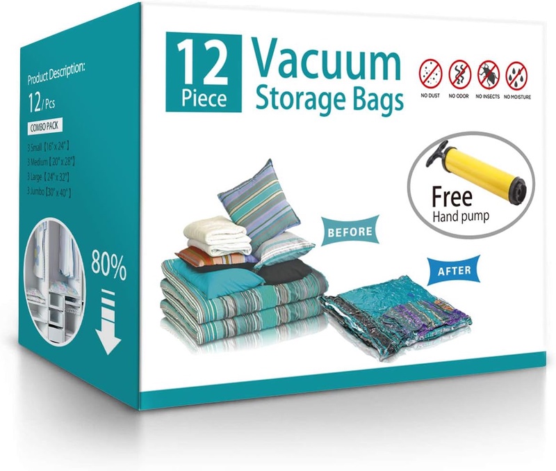 Amazon.com: 12Pcs Space Saver Vacuum Seal Storage Pack Bags W/Hand Pump-Works with Any Vacuum Cleaner. Compression Bags for Travel Clothes Blankets Bedding Pillows (3 x Small, 3 x Medium, 3 x Large, 3 x Jumbo): Home & Kitchen