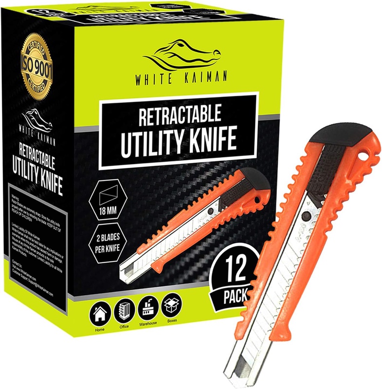 Amazon.com: Utility Knife Retractable Heavy Duty Box Cutter w/ 2 Blade Per Set by White KaimanⓇ for Warehouse, Office, or Workshop Razor Knife - (12 Pack) Disposable Compact 18MM Retracting Utility Blade-Orange: Office Products