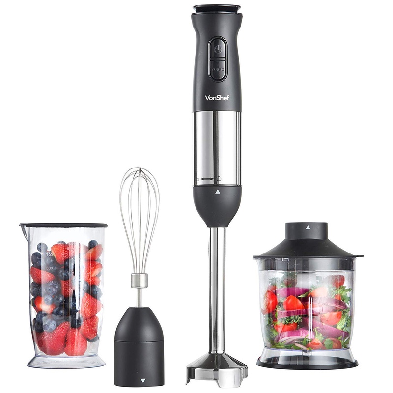 Amazon.com: Vonshef 220 Volt 240 Volt Hand Blender Ultra-Stick 800 Watts 6-Speed Powerful Immersion Multi-Purpose 3 In 1 Hand Blender Black Stainless Steel Finish With Chopper, Whisk, Beaker and Bundle With Dynastar Plug Adapters | 220-240volts (NOT FOR USA): Kitchen & Dining