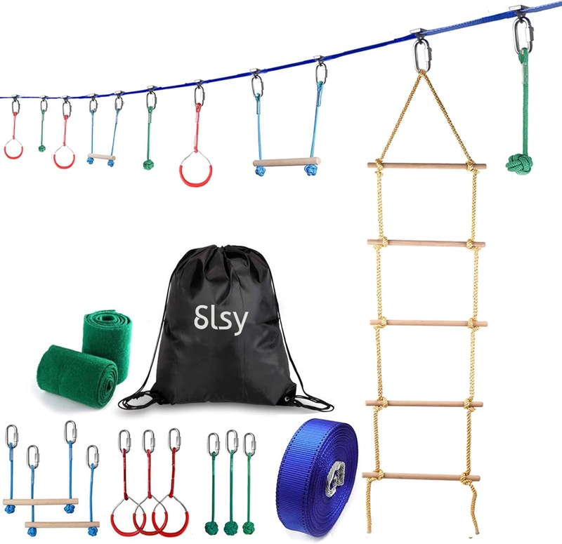 Amazon.com: Slsy Ninja Obstacle Course for Kids, 40ft Slackline Hanging Monkey Bar with Climbing Ladder, Kids Warrior Training Equipment 440lb Capacity: Sports & Outdoors