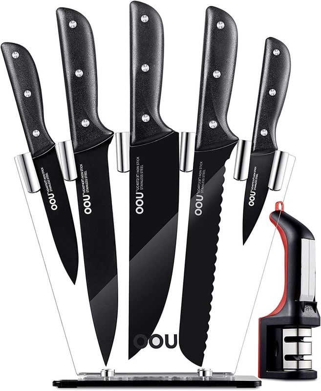 Amazon.com: Kitchen Knife Set - OOU 7 Knife Set with Block, FDA Stainless Steel Kitchen Knives Ultra Sharp - Full Tang Triple Rivets, Ergonomic Handle, BO Oxidation Anti-rusting, Knife Sharpener: Kitchen & Dining