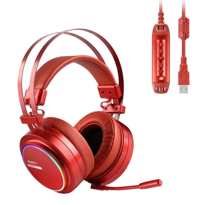 Amazon.com: AUKEY Gaming Headset PC USB Stereo Headphone with Virtual 7.1 Surround Sound, Noise Canceling Mic, Memory Foam Earpads, RGB Rainbow Ring Lights, Volume Control for PC, PS4 (Red): Computers & Accessories