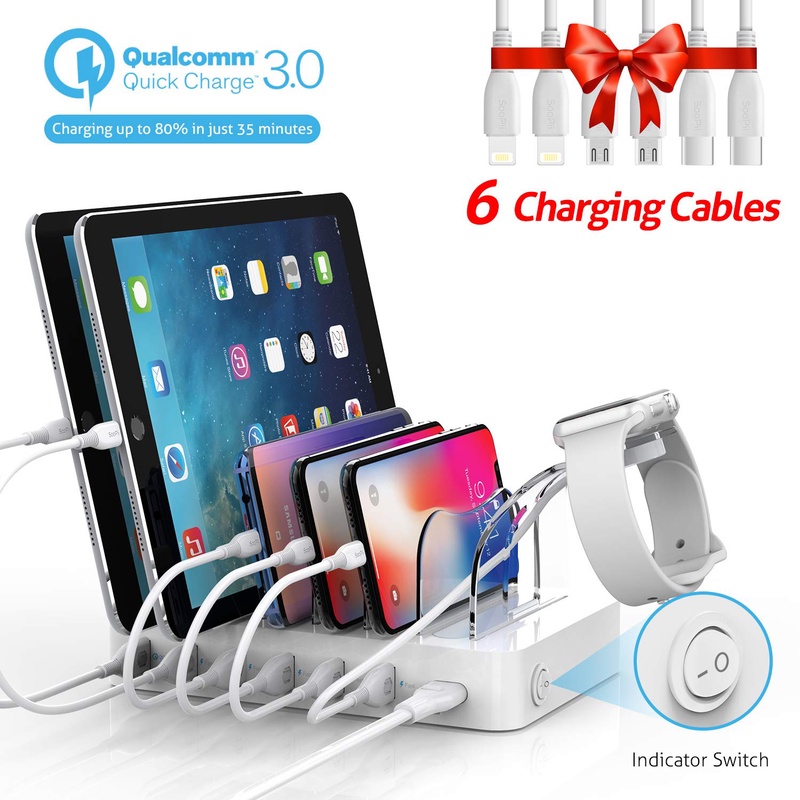 Amazon.com: Soopii Quick Charge 60W/12A 6-Port USB Charging Station for Multiple Devices, 6 Charging Cables Included, I Watch Holder,for Phones,Tablets, Other Electronics,White: Home Audio & Theater