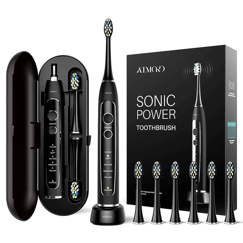 Amazon.com: ATMOKO Electric Toothbrush, Sonic Power Whitening Toothbrush with 40,000 VPM Motor - 5 Modes - Wireless Charging - 6 Indicator Dupont Brush Heads with Travel Case: Beauty
