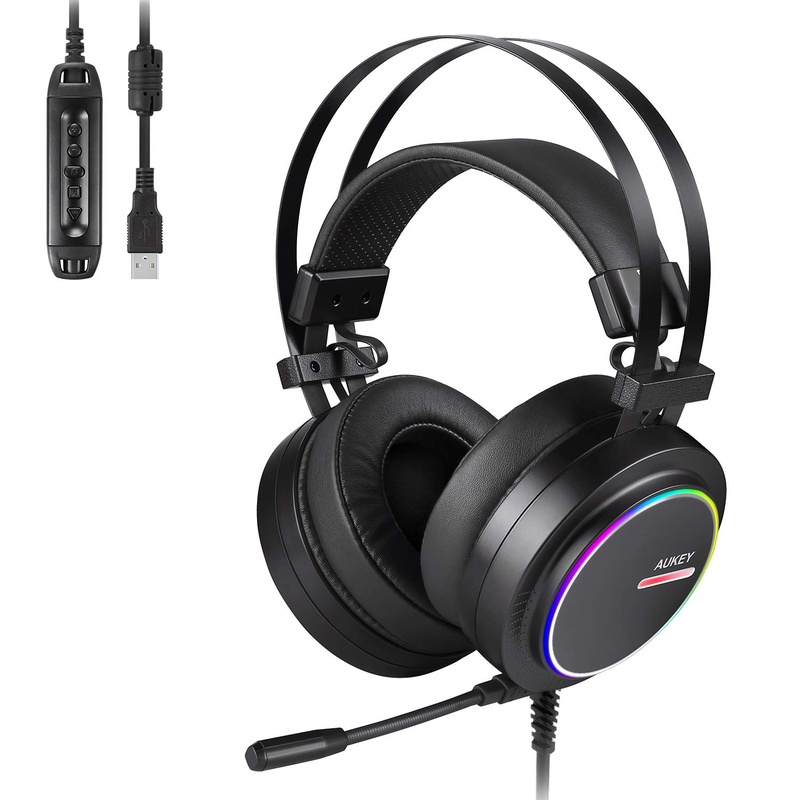 Amazon.com: AUKEY Gaming Headset PC USB Stereo Headphone with Virtual 7.1 Surround Sound, Noise Canceling Mic, Memory Foam Earpads, RGB Rainbow Ring Lights, Volume Control for PC, PS4 (Black): Computers & Accessories