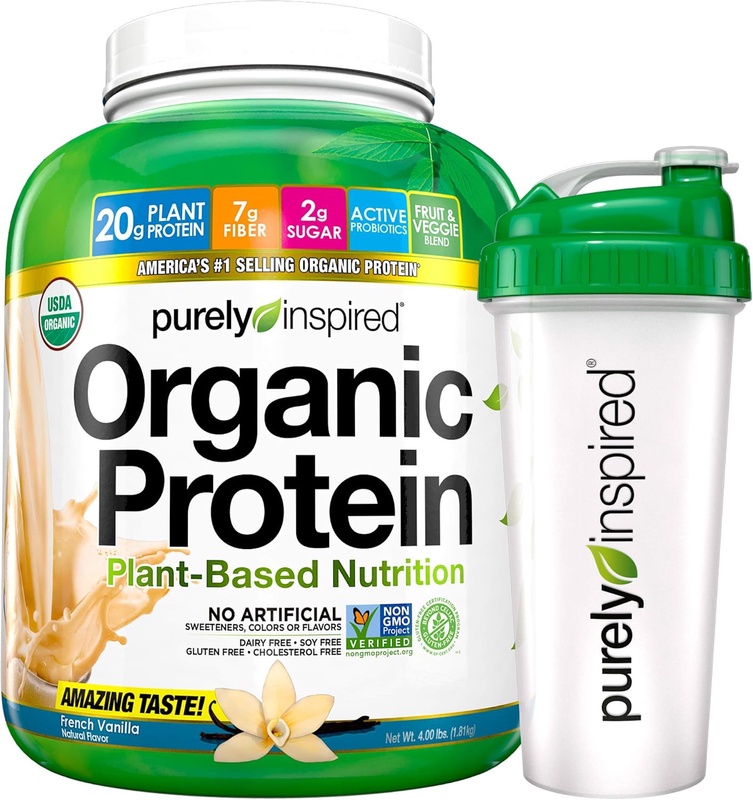 Amazon.com: Purely Inspired Organic Protein Shake Powder + Shaker Bottle, 100% Plant Based with Pea & Brown Rice Protein (Non-GMO, Gluten Free, Vegan Friendly), French Vanilla, 4lbs: Health & Personal Care