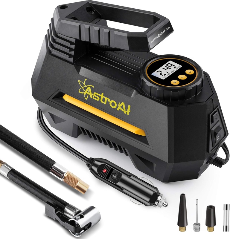 Amazon.com: AstroAI Portable Air Compressor Pump, Tire Inflator with Gauge 12V DC Digital Car Air Pump 100PSI with LED Light, Larger Air Flow, Extra Nozzle Adaptors for Car, Bicycle, Motorcycle Ball Air Mattress: Automotive
