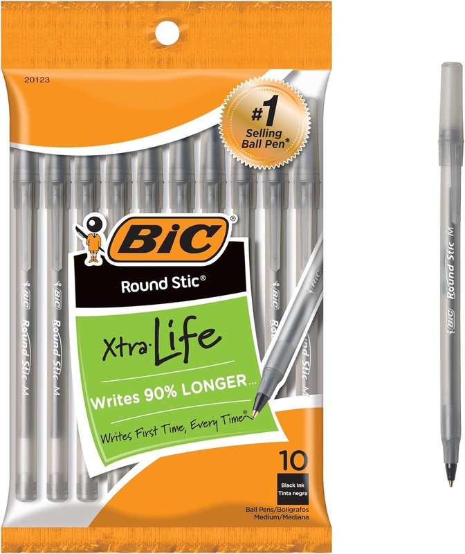 Amazon.com : BIC Round Stic Xtra Life Ballpoint Pen, Medium Point (1.0mm), Black, 10-Count : Ballpoint Stick Pens : Office Products