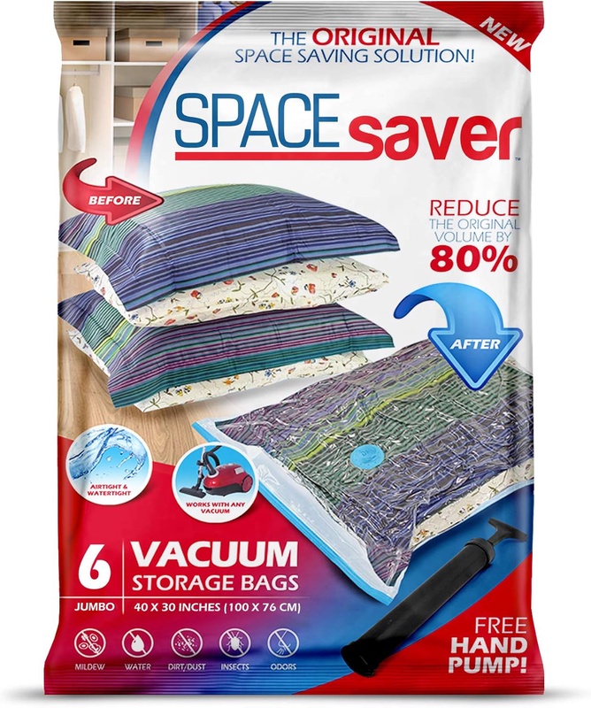Amazon.com: Spacesaver Premium Vacuum Storage Bags. 80% More Storage! Hand-Pump for Travel! Double-Zip Seal and Triple Seal Turbo-Valve for Max Space Saving! (Jumbo 6 Pack): Home & Kitchen