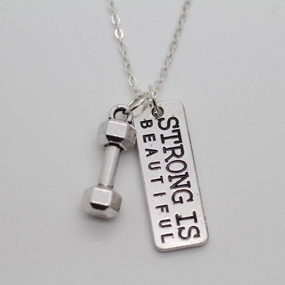 DUMBBELL STRONG is BEAUTIFUL Chain Necklace , Fitness Weightlifting Gym crossfit