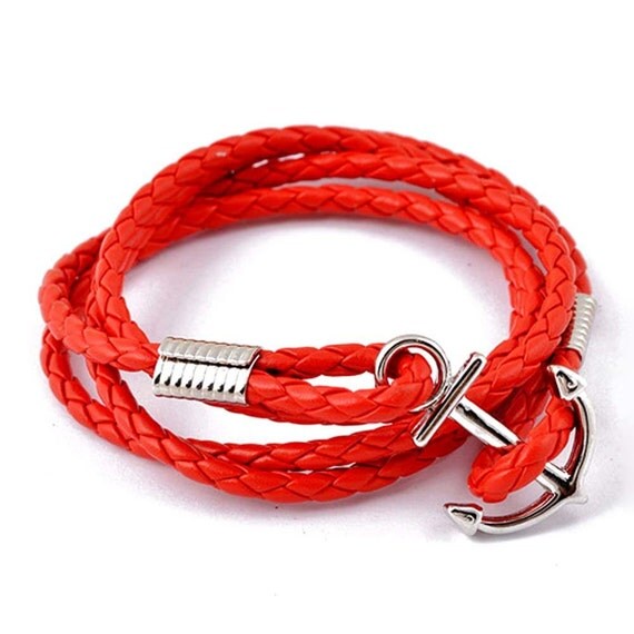 Men's women's Silver Anchor Bracelet on Black or Red Braided Leather Cord