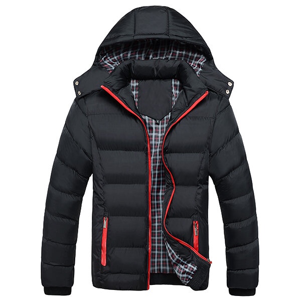 Mens Thick Solid Color Winter Hooded Deatchable Coat Slim Warm Jacket