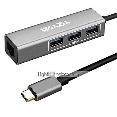 Waza 4 in 1 USB Hub, USB 3.1 Type-c to 3 Ports USB 3.0 and 100M Gigabit RJ45 Ethernet Network Adapter, Aluminum Body Supports Windows Android Mac and More