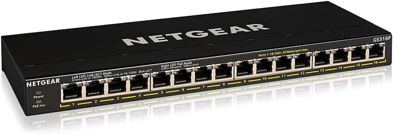Amazon.com: NETGEAR 16-Port PoE+ Gigabit Ethernet Unmanaged Essentials Switch (GS316P) - with 16 x PoE+ @ 115W, Desktop or Wall Mount : Electronics