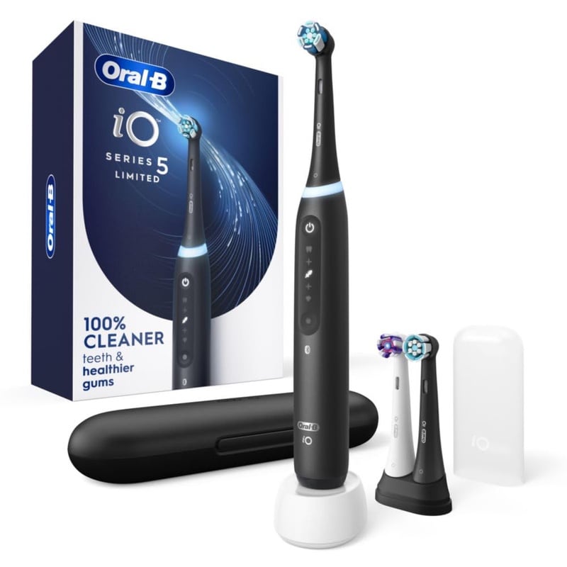 Amazon.com: Oral-B iO Deep Clean + Whiten Rechargeable Electric Toothbrush with Visible Pressure Sensor, 2 Minute Timer, 5 Cleaning Settings, 1 iO5 Limited, 3 Toothbrush Heads, Travel Case & Refill Holder, Black : Health & Household