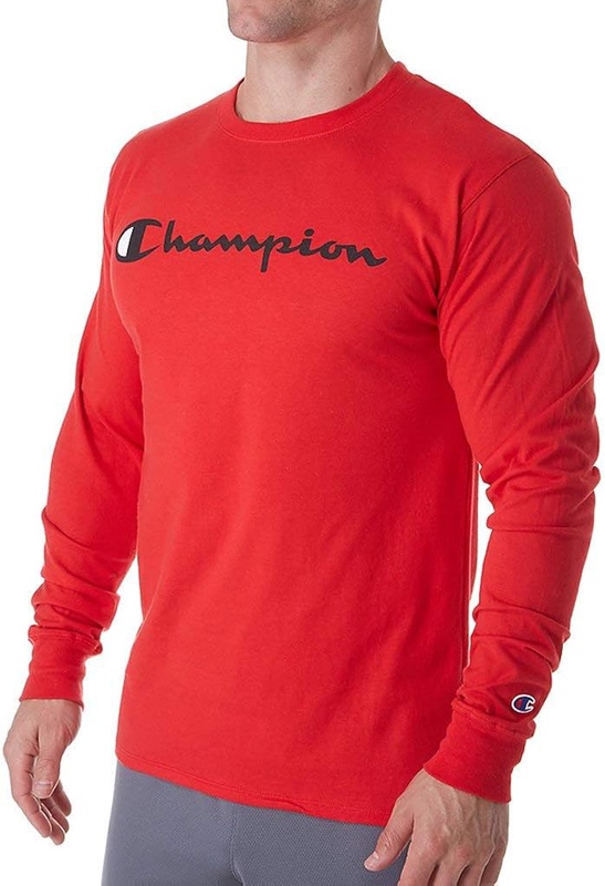 Champion Men's Classic Long Sleeve Tee, Screen Print Script, Scarlet-Y06794, Large at Amazon Men’s Clothing store