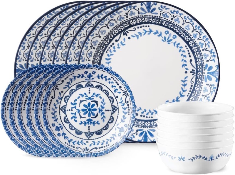 Amazon.com | Corelle Vitrelle 18-Piece Service for 6 Dinnerware Set, Triple Layer Glass and Chip Resistant, Lightweight Round Plates and Bowls Set, Portofino: Dinnerware Sets