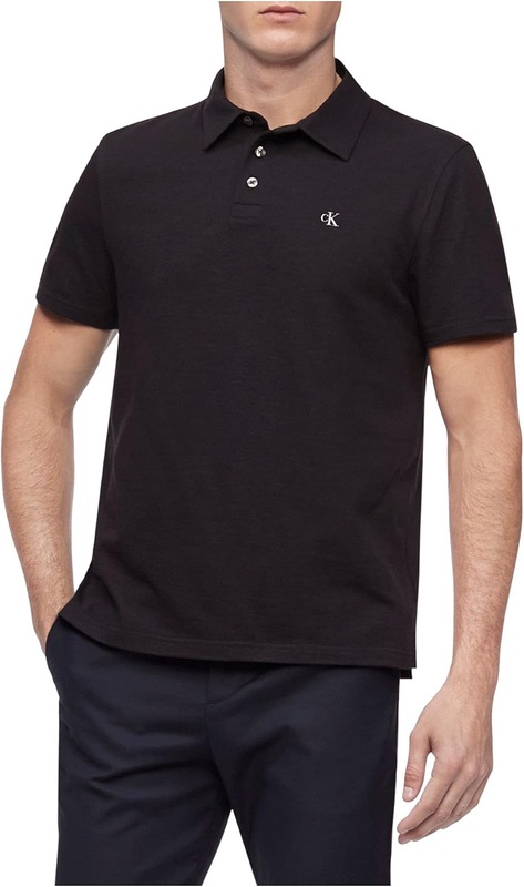 Calvin Klein Men's Short Sleeve Slub Cotton Monogram Logo Polo Shirt, Black, Large at Amazon Men’s Clothing store