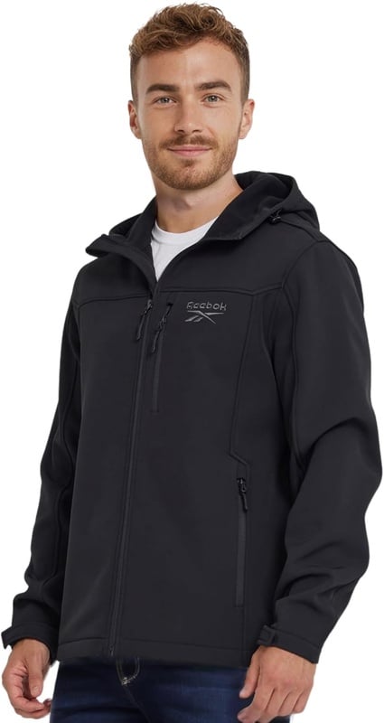 Reebok Waterproof Soft Shell Rain Jacket Men - Rain Coat, Softshell Windbreaker with Hood at Amazon Men’s Clothing store