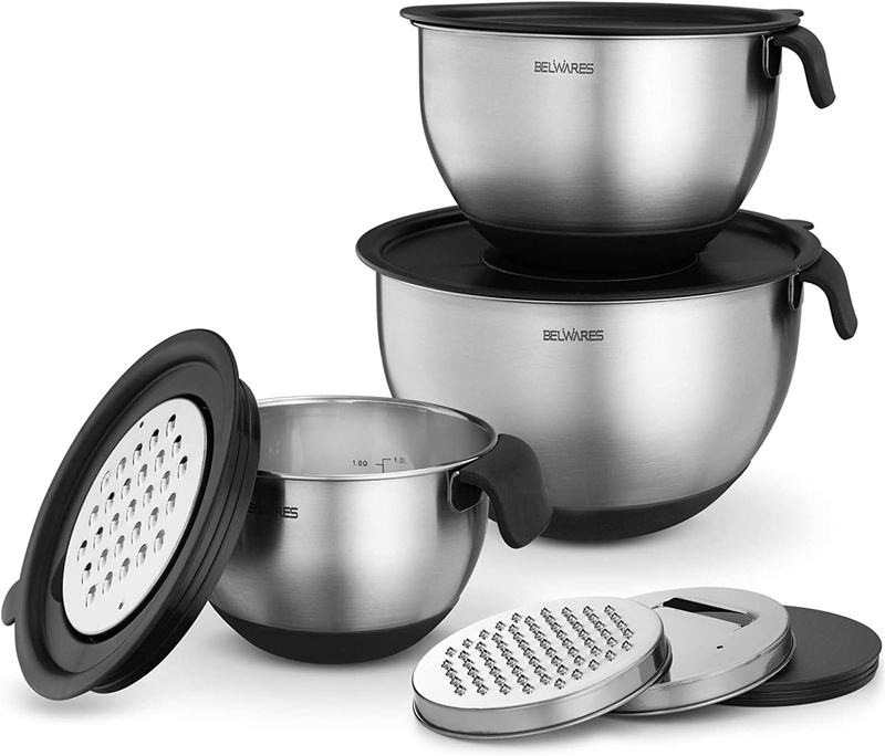 Amazon.com: Mixing Bowls for Kitchen - Stainless Steel Mixing Bowl Set with Graters, Lids, Measurements and Spouts - Convenient Metal Mixing Bowls for Food Prep and Storage - 3 Bowls and Lids, 3 Graters (Black): Home & Kitchen