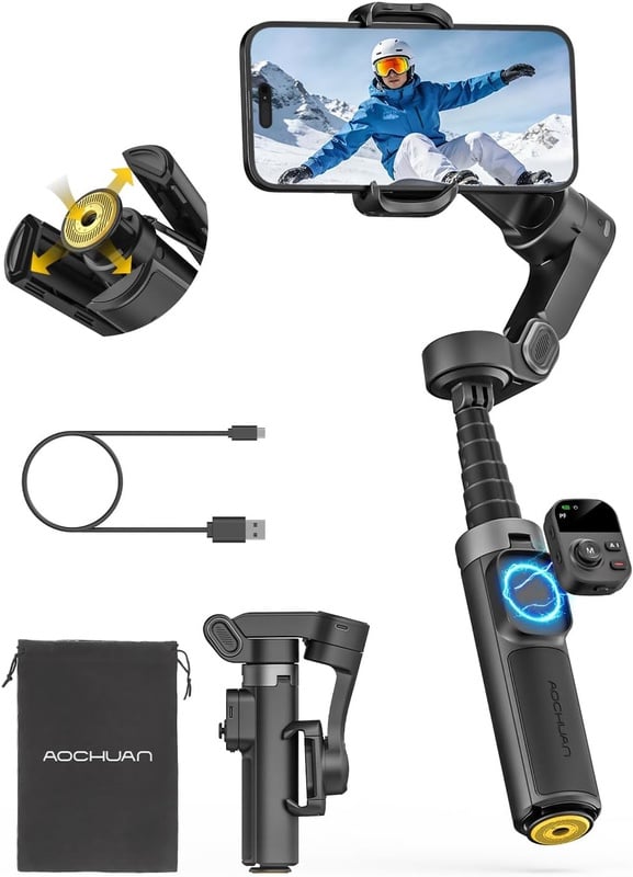 Amazon.com: AOCHUAN Smart X3 360° Pan Rotation Gimbal Stabilizer for iPhone, Magnetic Remote Control, 3-Axis Stabilizer w/Built-in Extension Rod & One-Touch Open Tripod, Foldable Phone Gimbal for Vlogging, Travel : Cell Phones & Accessories