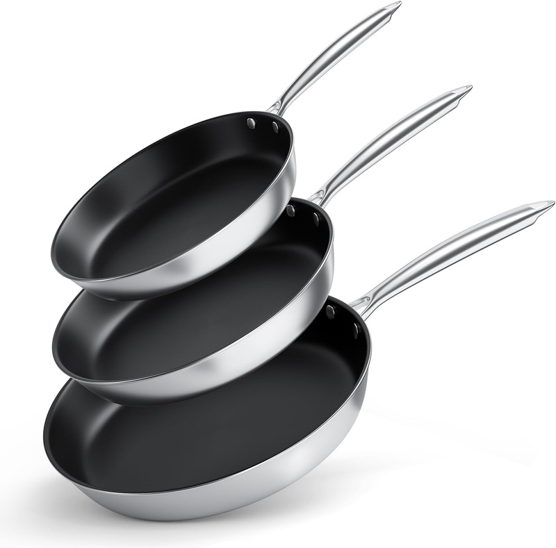 Amazon.com: COOKNANO Stainless Steel Nonstick Frying Pan Set, 3 Piece cookware set, Tri-Ply Skillet, 8 inch, 9.5 inch, 11inch Cooking pan, Oven Dishwasher Induction Gas Safe, Silver, Suitable for All Stove: Home & Kitchen