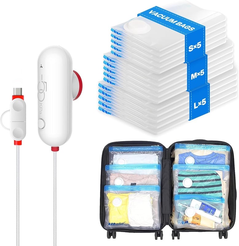 Amazon.com: VMstr 15 Pack Travel Vacuum Storage Bags with USB Pump, Vacuum Packing Seal for Luggage and Suitcase, Space Saver for Clothes and Clothing Travel : Home & Kitchen