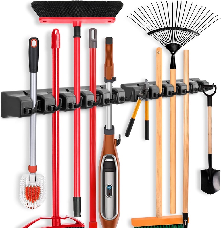 Amazon.com: 2 Pack Imillet Mop and Broom Holder, Wall Mounted Organizer Mop and Broom Storage Tool Rack with 5 Ball Slots and 6 Hooks (Black) : Tools & Home Improvement
