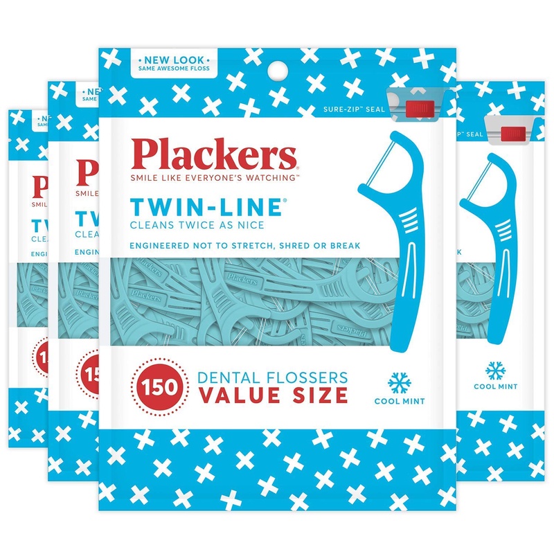 Amazon.com: Plackers Twin-Line Dental Flossers, Advanced Whitening and Dual Action Flossing System, Easy Storage, Super Tuffloss, 2X The Clean, Cool Mint Flavor, 150 Count (Pack of 4) : Health & Household