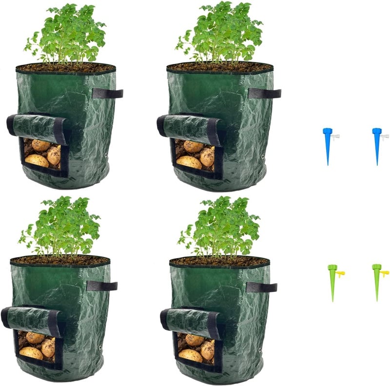 Amazon.com : 4 Pack Potato Grow Bags 10 gal, Garden Planting Bags Thick PE Potato Planter for Growing Potatoes Vegetables, with Handles and Flap, with Self-Watering Stakes : Patio, Lawn & Garden