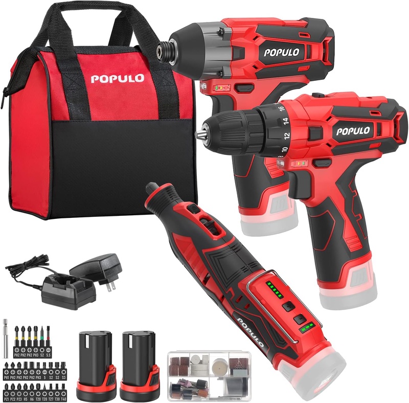 POPULO 12V Max Lithium-ion Cordless Combo Kit (3-Tool), Power Drill Driver, 1/4 in. Impact Driver, Power Rotary Tool Combo Kit with 2.0Ah Batteries (2-Pack), Charger and Tool Bag - - Amazon.com