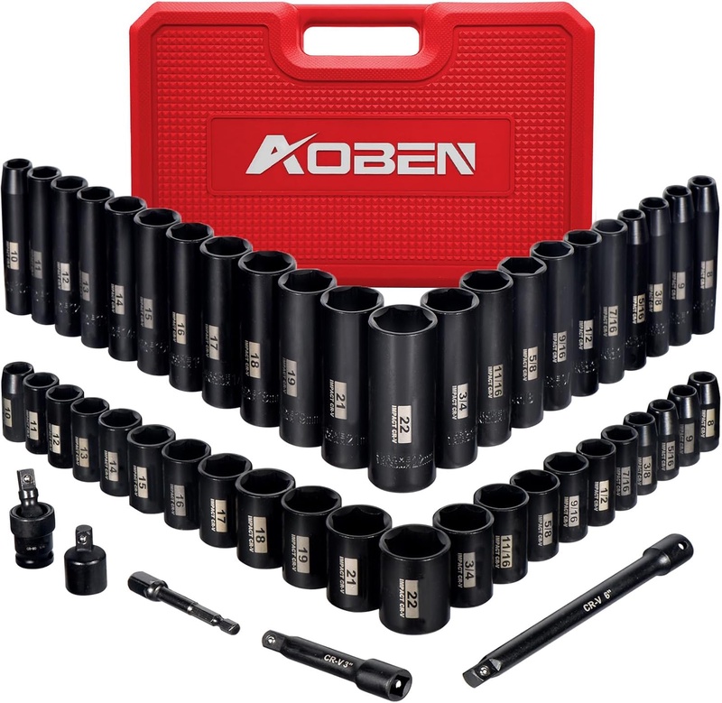 AOBEN 3/8-Inch Drive Impact Socket Set, 49 Pieces, 6 Point, SAE/Metric, (5/16