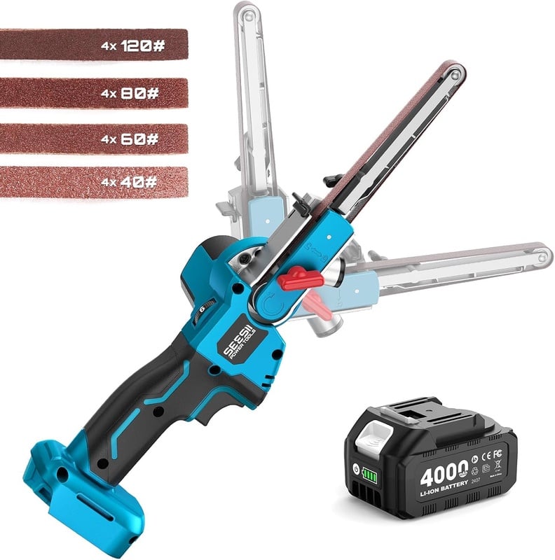SEESII Cordless Detail File Sander: Belt Sander with Brushless Motor, 4.0 Ah Lithium-Ion Battery & Charger - 6 Speeds Max 2300FT/Min - 16 Sanding Belts(40#/60#/80#/120#) for Wood Metal Plastic - Amazon.com